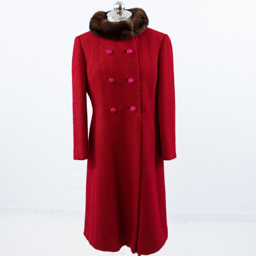 SOLD Vintage 50s M Mink Collar Princess Coat Midi Red - Picture 13 of 13